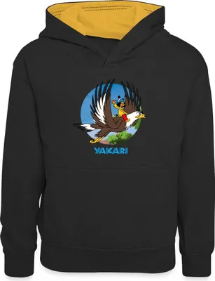 Produktbild von Spreadshirt Yakari Fliegt Auf Großer Adler Kreislogo Kinder Kontrast-Hoodie, S (5/6 Jahre), Schwarz/Gold