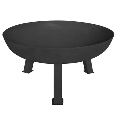 A black metal fire bowl on a white background.