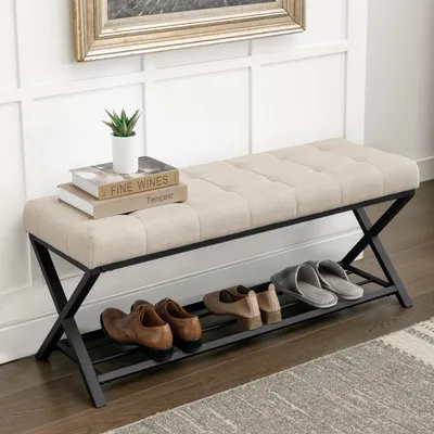 Produktbild von Schuhbank mit Sitzfläche und Metallrahmen 113 x 38 x 46 cm Leinenoptik