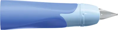 A close-up view of the tip of a blue pen with a silver nib.