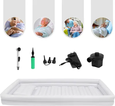 Collage showing people using an inflatable bathtub and the accessories included with it.