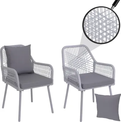 Zdjęcie produktu dla zestaw 2 krzeseł ogrodowych HWC-O12, poduszka na siedzisko/oparcie z aluminium o splocie linowym Rope ~ jasnoszary, pokrowiec jasnoszary