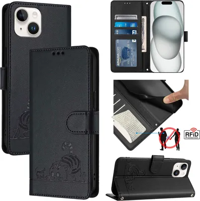 Produktbild von Leder Hülle für iPhone 13 Mini Süße Katze Flip Case Brieftasche Schutzhülle mit Standfunktion Schwarz