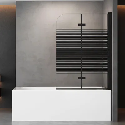 Produktbild von Duschabtrennung 120x140cm Duschwand für Badewanne 2-Teilig Faltbar Badewannenaufsatz Streifdekor Schwarz ESG GLAS Badewannenfaltwand