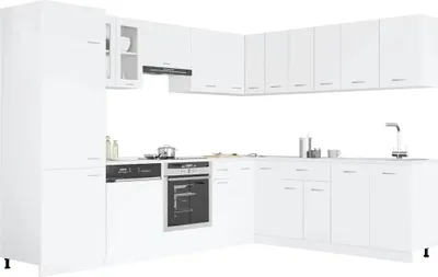 A white modular kitchen unit with appliances.