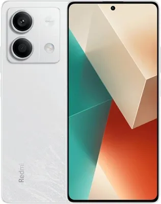 A white smartphone is shown from the back and side, with its screen displaying a colorful abstract wallpaper.