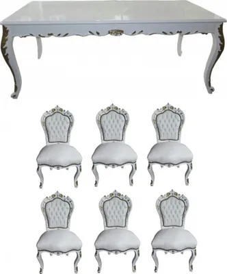 Produktbild von Casa Padrino Barock Esszimmer Set Weiß / Weiß / Gold - Esstisch + 6 Stühle - Möbel Antik Stil