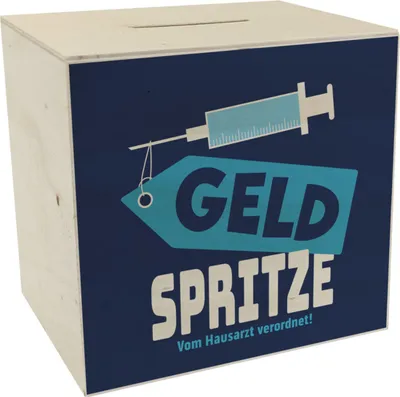 Produktbild von Geldgeschenk Spardose aus Holz mit Geldspritze Motiv in Blau