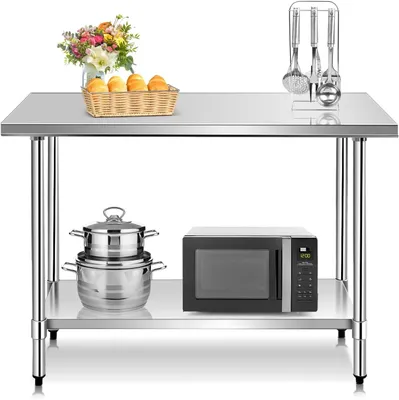 Immagine prodotto di Tavolo da lavoro in acciaio inossidabile KOMFOTTEU con piano di lavoro, tavolo in acciaio inossidabile per la preparazione dei cibi in cucina, tavolo di preparazione con piano regolabile in altezza, tavolo da cucina con portata fino a 250 kg (122 x 61 x 90 cm)