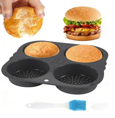 Productafbeelding van Siliconen bakvorm voor burgerbroodjes, met 4 holtes, diameter 10 cm, hittebestendig