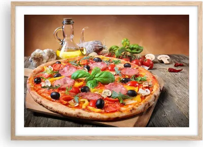 Produktbild von Gerahmtes Poster - Rahmen in heller Eiche - Pizza Käse Tomaten - 70x50 cm - Wand Bild - Wanddeko - Wandbilder - Wandposter - Bilderrahmen - Bilder - Kunstdruck - Wandbild - P2NAA70x50-4024
