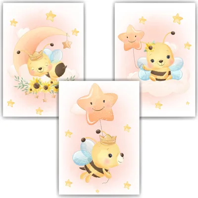 Produktbild von 3er Set Poster für Kinderzimmer Bilder Babyzimmer Babyparty Kinderposter Biene – DIN A3 (29.7x42cm)