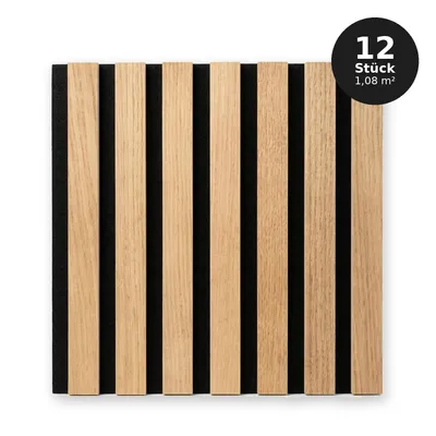 Produktbild von Lamelldekor 30x30 cm - Set 12 Stück (1,08 m²) - MDF-Paneele - Wandverkleidung - Eichenholz - EICHE GOLD SLIM