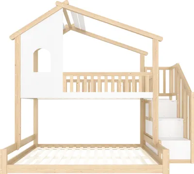 Produktbild von Flieks Etagenbett 90x200cm / 140x200cm mit Schubladen, Kinderbett Hausbett mit Fenster und Rausfallschutz, Hochbett Stockbett für Kinderzimmer
