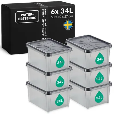 Aufbewahrungsboxen 6er-Set, 34 L, 50x40x27 cm, stapelbar, wasserdicht