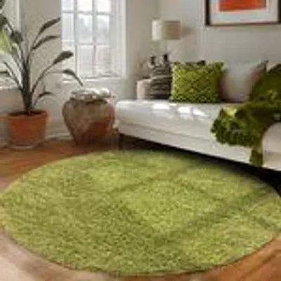 A living room scene with a green rug, sofa, and plant.