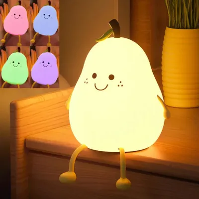 A collage showing a pear-shaped LED night light in different colors, with a larger image of the yellow light on a wooden surface.