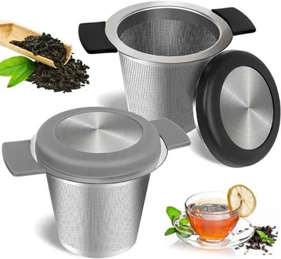 Image de Infuseur à thé en acier inoxydable - Lot de 2 - Filtre à thé pour thé en vrac - Maille fine - Avec poignée en silicone et égouttoir - Forme d'œuf - Pour tasses et théières