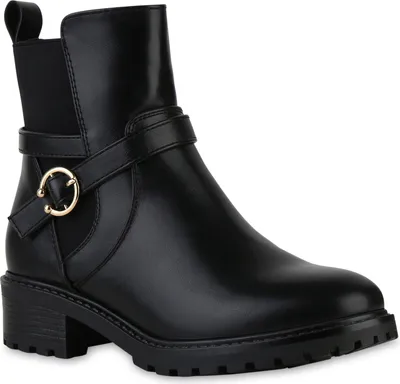 Produktbild von VAN HILL Damen Leicht Gefütterte Biker Boots Stiefeletten Schnallen Schuhe 841336, Farbe: Schwarz, Größe: 38