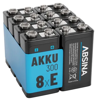 Produktbild von ABSINA 8x 9V Akku Block wiederaufladbar 300 mit geringer Selbstentladung - 9V Blockbatterie Akku NiMH mit min. 270mAh & 8,4V