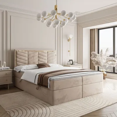 A bedroom scene with a bed, nightstand, and window.