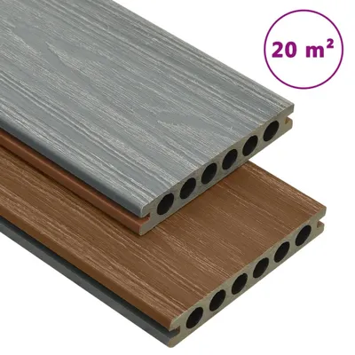 Two composite decking boards are stacked on top of each other, showing their textured surface and hollow core.