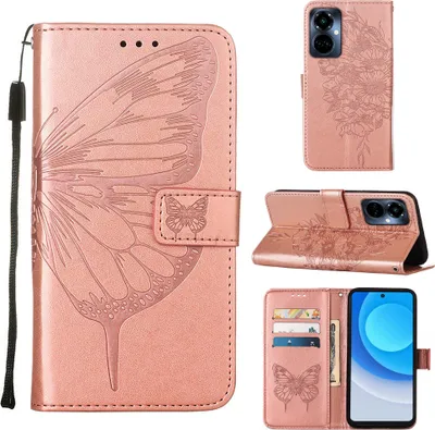 Produktbild von Tecno Camon 19 Pro 5G Hülle, Schmetterling Prägung Flip Leder Kartenfächer Schutzhülle Ledertasche mit Ständer für Tecno Camon 19 Pro 5G Roségold