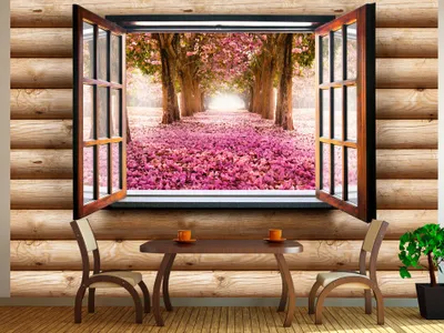 Produktbild von Vlies Fototapete 350x256 cm Tapeten Wandtapete XXL Natur Fenster Blumen Park Blumenweg Bäume c-A-0040-a-c