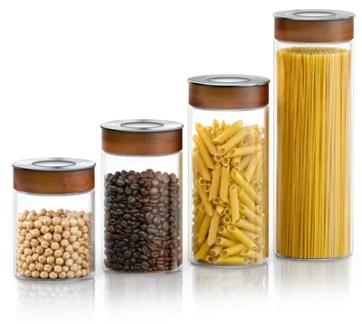 Productafbeelding van Arendo voorraadpotten, set van 4: 1 pot van elk 750, 1000, 1300 en 1700 ml, gemaakt van borosilicaatglas met een luchtdichte, afsluitbare deksel. Voorraadcontainers, 4 stuks, transparant