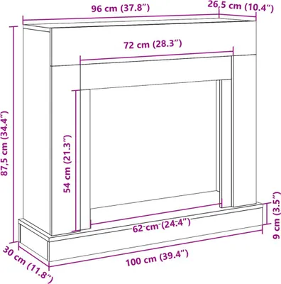 A diagram showing the dimensions of a fireplace surround.