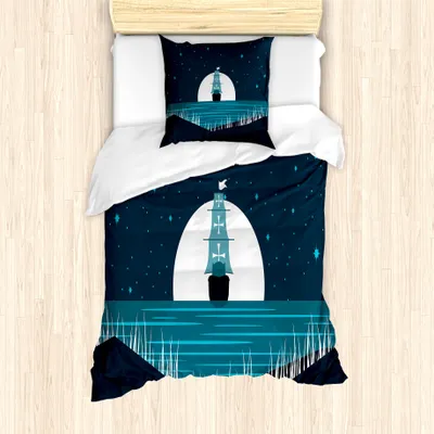 Produktbild von ABAKUHAUS Nachtozean Bettbezug Set für Einzelbetten, Mondschein auf Wasser Schiff, Milbensicher Allergiker geeignet mit Kissenbezug, 135 cm x 200 cm - 80 x 80 cm, Petrol Blau Dunkel Teal