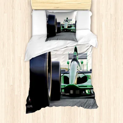 Produktbild von ABAKUHAUS Autos Mantele, Indy Cars auf Asphaltstraße, Milbensicher Allergiker geeignet mit Kissenbezügen, 135 cm x 200 cm - 80 x 80 cm, Grau-Schwarz-Grün