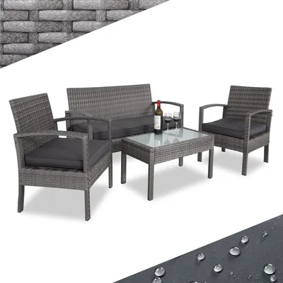 Produktbild von CASARIA® Gartenmöbel Set Wetterfest 4 Personen Outdoor inkl. Auflagen Polyrattan 2x Sessel Gartenbank Tisch Garten Terrasse Balkon Möbel Lounge Grau, Farbe:Grau