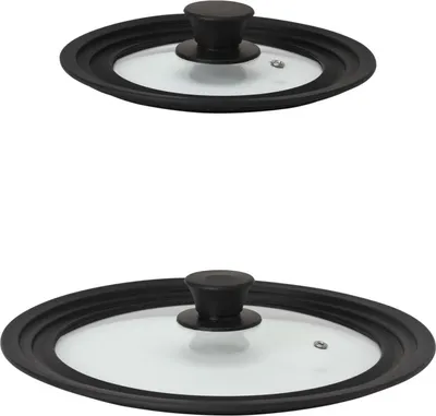 Produktbild von Steuber 2er Set Universal Glasdeckel für Töpfe und Pfannen 16/18/20 cm & 28/30/32 cm, mit Auslassventil und Silikonrand, schwarz