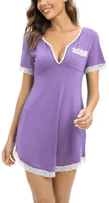 Image de Robe de nuit en coton pour femmes, col en V, couleur violette