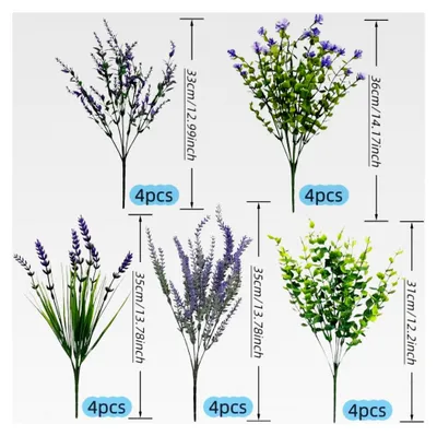 Produktbild von 20 Bündel Kunstpflanzen mit realistischem Kunstgrün und Blumen, UV-beständige Plastikblätter für Garten, Terrasse und Veranda