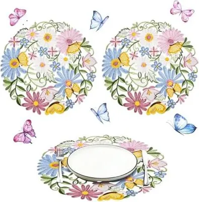 Produktbild von 2 Stück Blume Bestickte Tischsets, Frühling Gänseblümchen Blumen Tischsets, 35 cm Runde Platzsets, Frühling Küche Tisch Dekoration, Passend für Hochzeit Esstisch, Festival, Party Dekoration