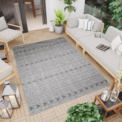 Obrázek produktu pro Koberec venkovní vnitřní šedý Etno Balkon Terasa Kuchyně Odolný proti povětrnostním vlivům 140 x 200 cm