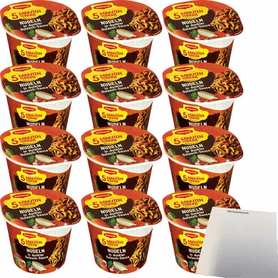 Produktbild von Maggi 5 Minuten Terrine Nudeln in dunkler Gulasch-Sauce 12er Pack (12x60g Becher) + usy Block