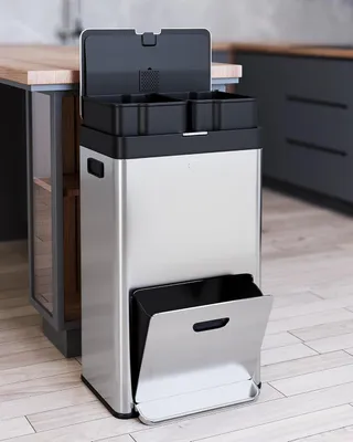 Immagine prodotto di Contenitore per rifiuti da cucina da 56 litri (14,8 galloni), con 3 scomparti, pedale, ideale per la raccolta differenziata. Secchio in acciaio inossidabile per la cucina