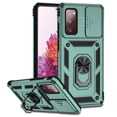 Immagine prodotto di Custodia per Samsung Galaxy S20 FE / S20 FE 5G a doppio strato con copertura scorrevole della fotocamera e supporto ad anello verde