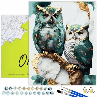 Image de Oh Art ! Peinture par numéros Animaux - Hiboux en or 50x40 cm avec cadre, 21 couleurs & peinture dorée incl. pinceaux, peinture acrylique & accessoires
