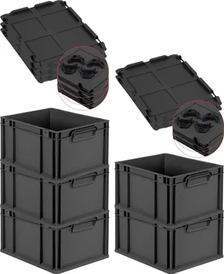 Produktbild von SparSet 5x Eurobox NextGen Color mit Auflagedeckel und Schiebeschnappverschlüsse | HxBxT 22x30x40cm | 20 Liter | Schwarz | Griffe schwarz geschlossen | Glatter Boden | Eurobehälter, Transportbox, Transportbehälter, Stapelbehälter