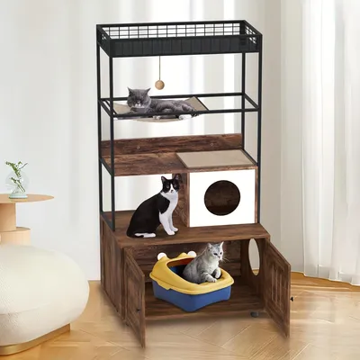 Imagen del producto de Mueble para arenero - Con estante de almacenamiento y hamaca - Madera y hierro - Caseta para gatos - Color marrón