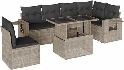 Produktbild von vidaXL 7-tlg. Garten-Sofagarnitur mit Kissen Hellgrau Poly Rattan