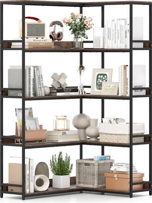 A corner bookshelf filled with various decorative items and books.