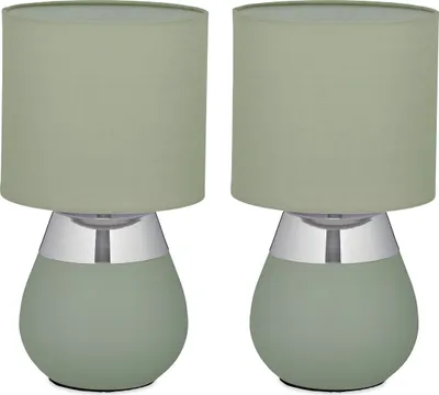 Image de Lampe de table Relaxdays, lot de 2, pied en métal, abat-jour en tissu, culot E14, H x P : 32 x 18 cm, lampe de chevet avec câble, vert/argent