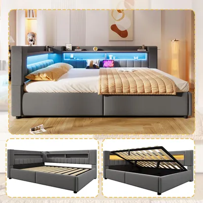 Produktbild von Polsterbett 140x200 cm Daybett mit LED & USB Typ-C Funktionsbett mit Hydraulischem Stauraum & Kopfteil Sofabett Leinen-Optik Ohne Matratze Grau