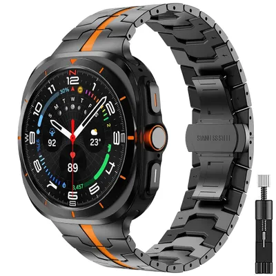Produktbild von FFO2World Premium Metallband 'Iron' für Samsung Galaxy Watch Ultra 47mm – Schwarz/Orange – Klassisches Design mit Schmetterlingsverschluss – Inklusive