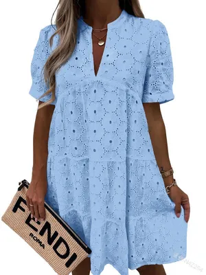 Produktbild von Imily Bela Damen Sommerkleid aus Spitze – Lässiges, fließendes Babydoll-Tunikakleid mit Lochmuster, kurzen Ärmeln und V-Ausschnitt